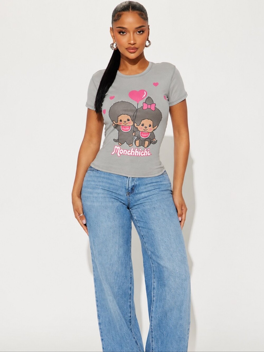 NWT Monchhichi Baby Tee Crop Top Gray Large Y2K Kawaii Sanrio Vibes